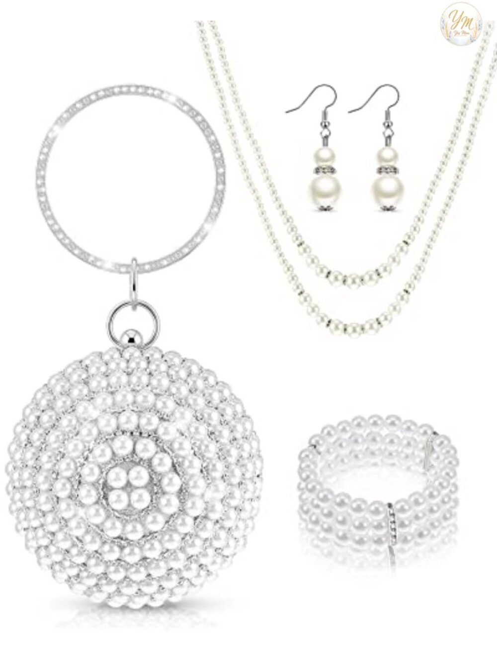 Faux Pearl Rhinestone Clutch Purse Jewelry Set for Women Evening Bag